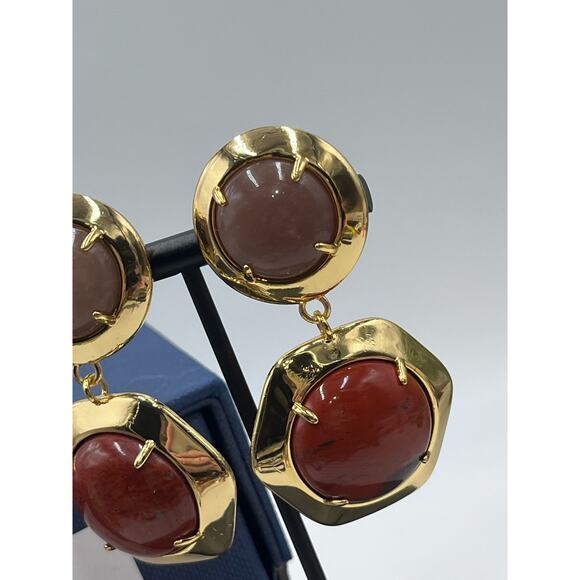 Lele Sadoughi Geo Bezel Red Harvest Jewel Drop Gold Plated Clip Runway Earring - Picture 5 of 16
